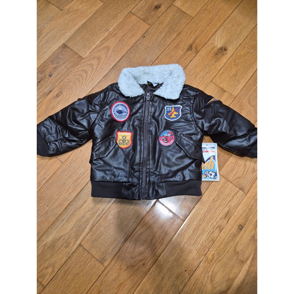 Mac Henry Baby Boys Aviator Bomber Jacket Brown Faux Leather Patches 12M NWT